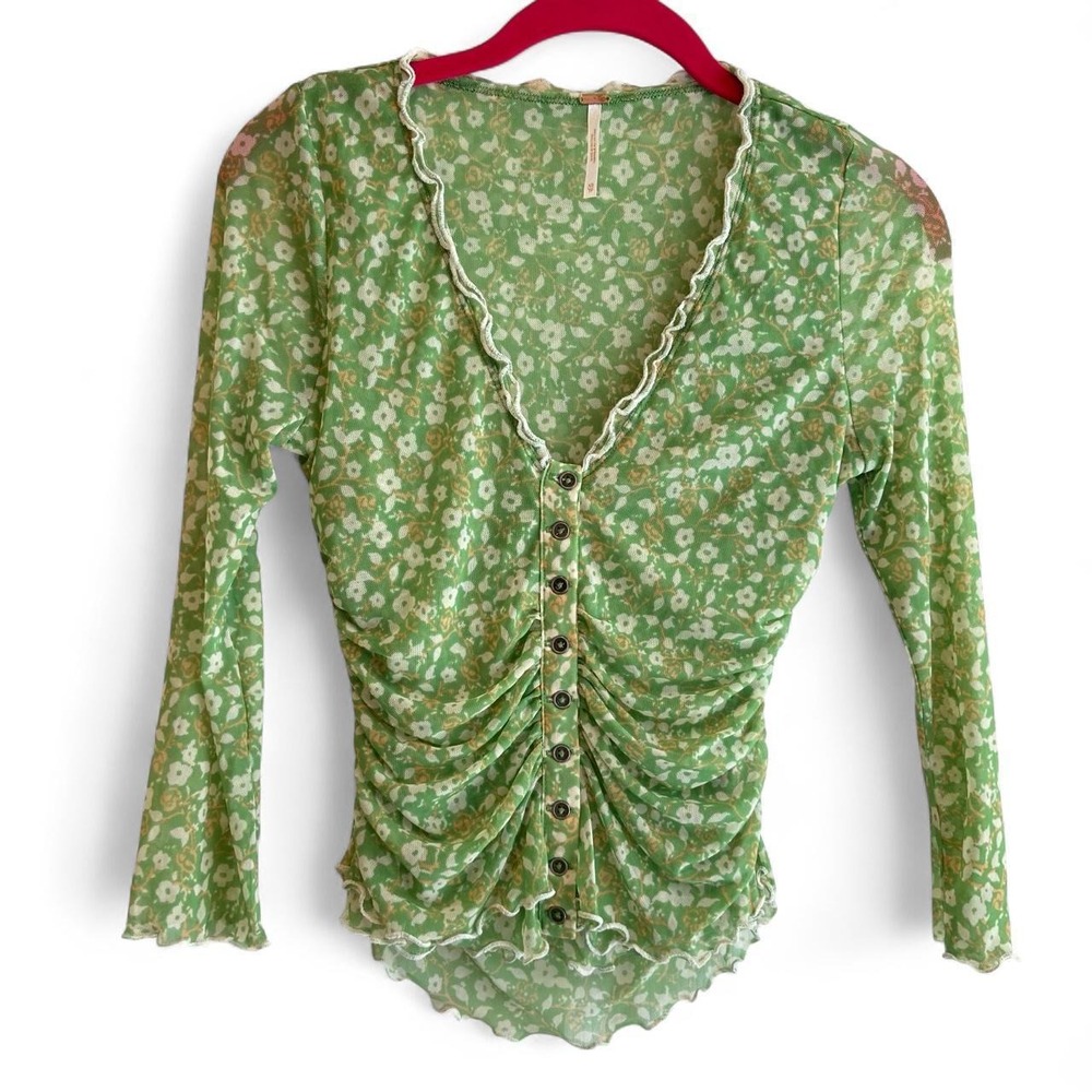 Free People Green Floral Sheer Ruffle Blouse Top Womens XS Boho Cottage